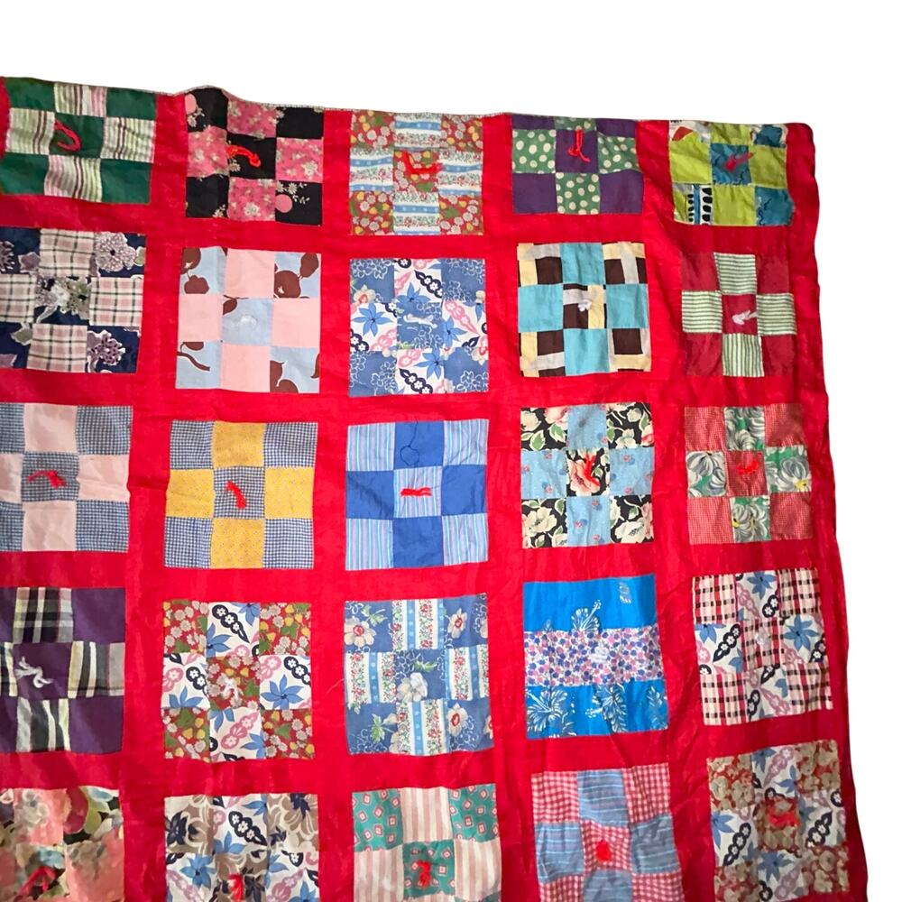 Vibrant Vintage Red Nine Patch Quilt Handcrafted Americana 65x75” - Picture 7 of 11